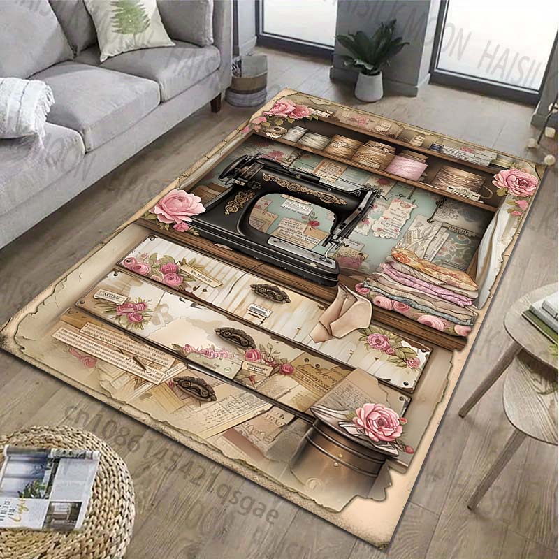 Retro Sewing Machine Patter Carpet for Living Room Bedroom Bedside Bathroom Floor Mat Area Rug Sofa Home Decor for Gifts