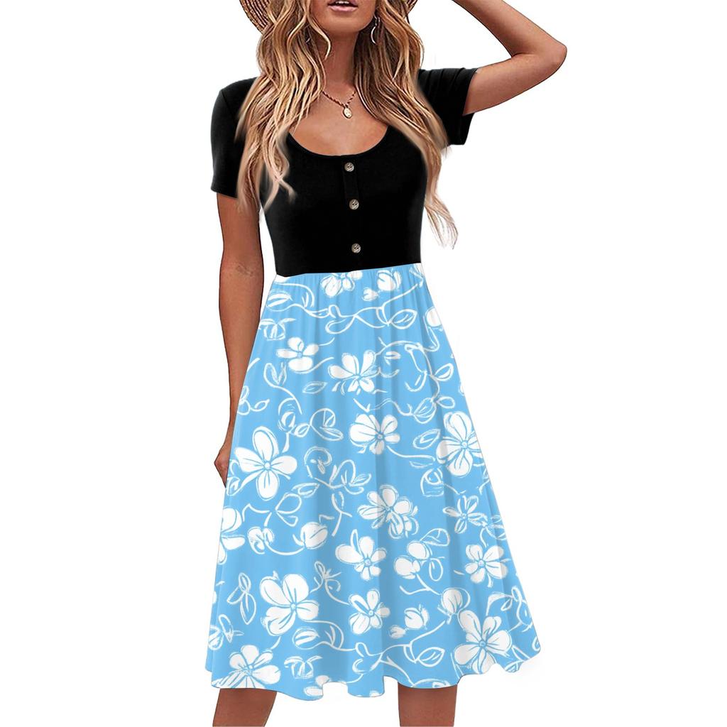 Fashion Women Summer Vintage Floral Dress Elegant Short Sleeve Midi Dress