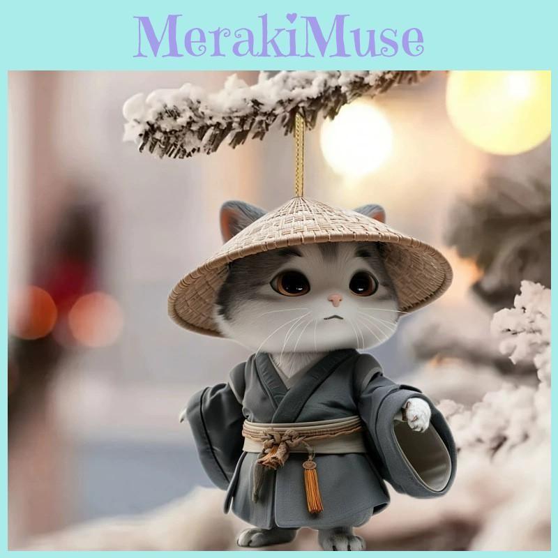 Straw With Cat Hat Acrylic Car Pendant For Christmas Party Decor Interior And