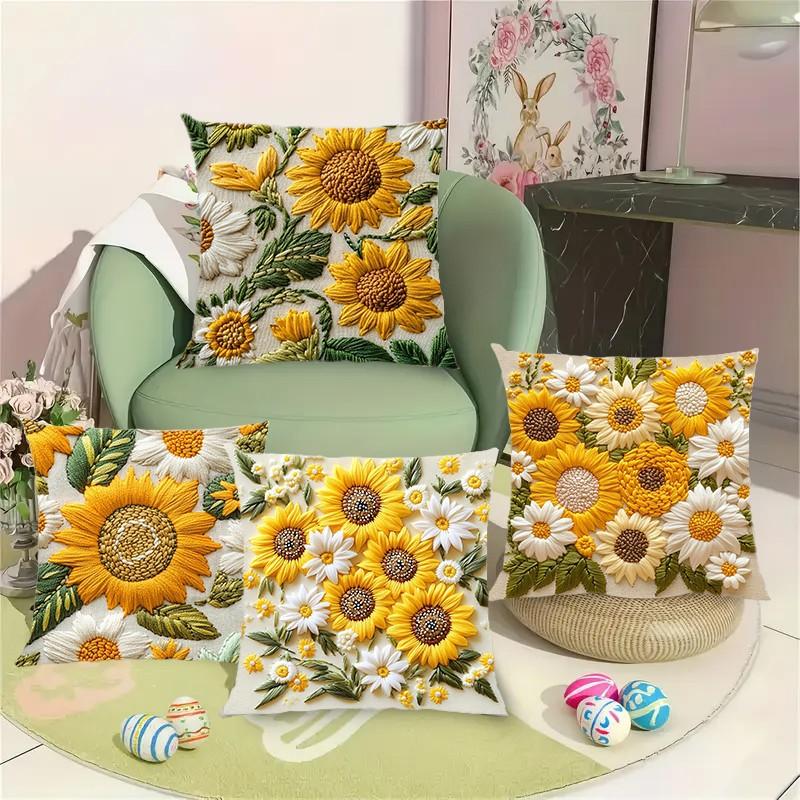 2D Sunflower Plush Pillow Cover 45x45cm Floral Retro Custom Printed Modern Home Decor