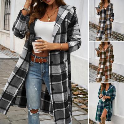 Women Spring Fall Coat with Hood Plaid Printing Loose Mid Length Long Sleeve Outerwear Single-breasted Contrast Color Jacket with Pockets