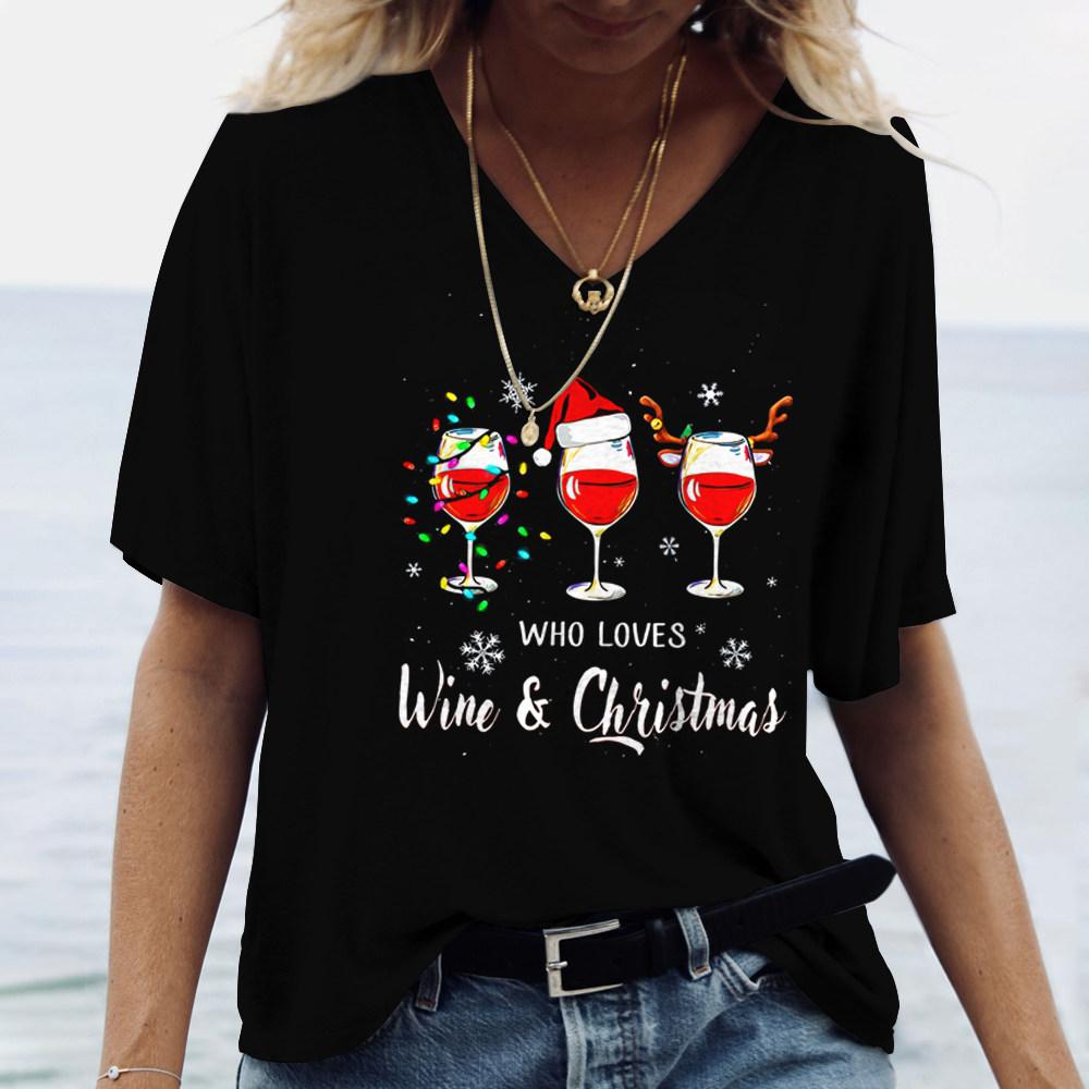 Weihnachts- Weinglas Muster Druck Damen V-Ausschnitt T-Shirts Lässiger Kurzarm Pullover T-Shirt Mode Oberteile Damen T-Shirts Kleidung