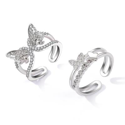 Silver Luxury Glamour Glitter Rings for Girls Cute Butterfly Open Couple Matching Fashion Elegant Double Layer Hollow Rings