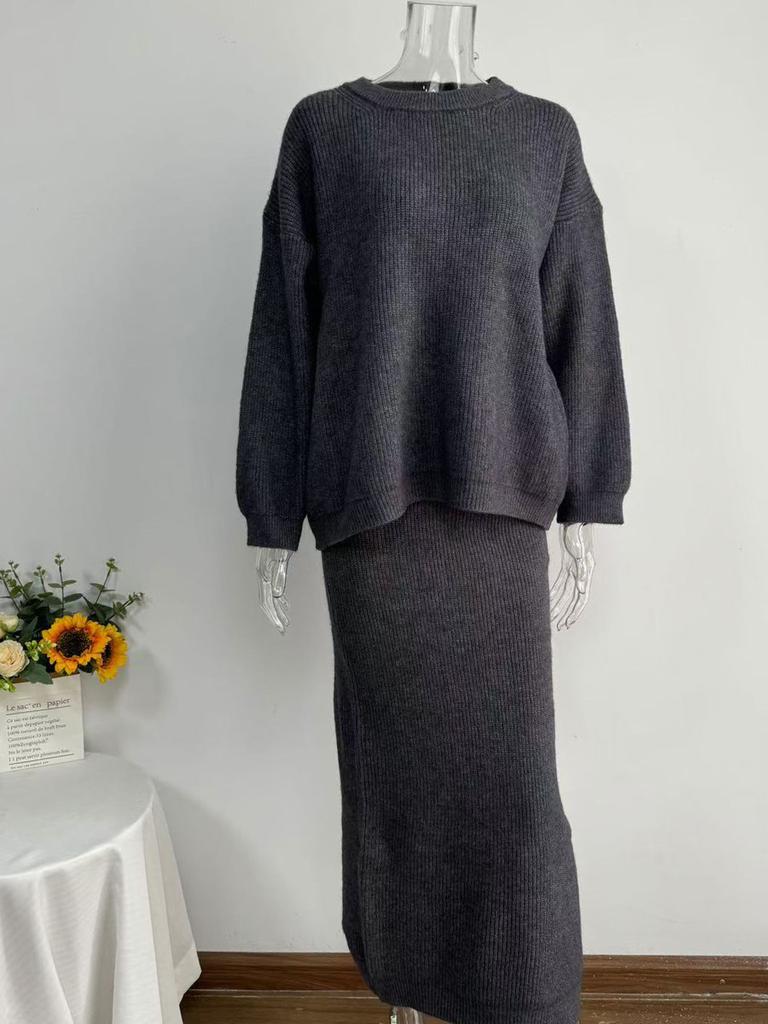 Women's Ribbed Knit Skirt Set Autumn Winter New Elegant Cardigan Sweater + Slit Midi Skirt