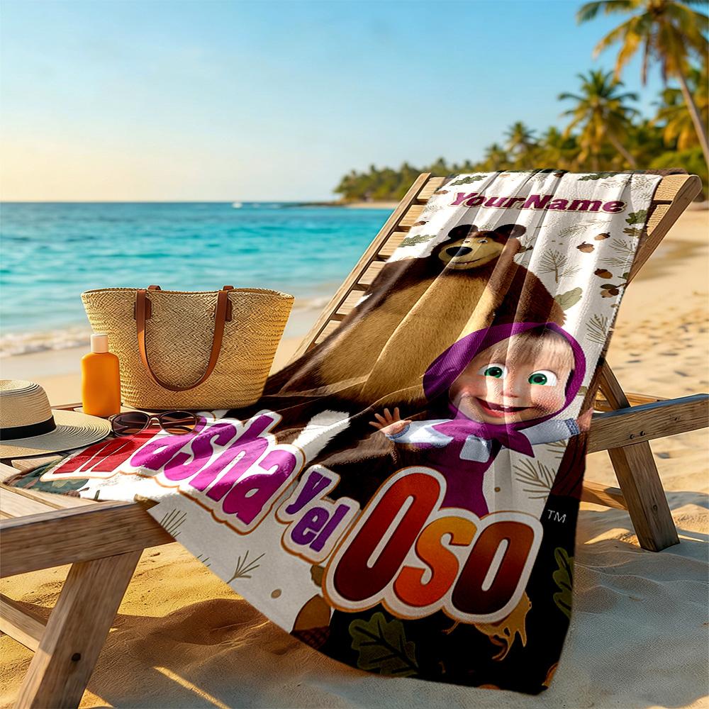 Masha Bear Customize Your Name Beach Towel Super Soft & Absorbent Suitable for Swimming Gym Camping Yoga Vacation