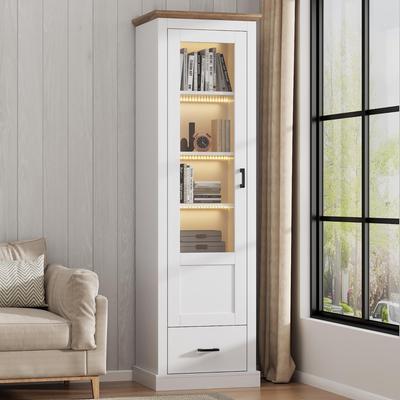 Display Cabinet with LED Lights, Glass Display Cabinet Drawers 5 Compartments, Modern Bookcase High Cabinet Kitchen Living Room Bedroom Office Entrance, White, 178cm