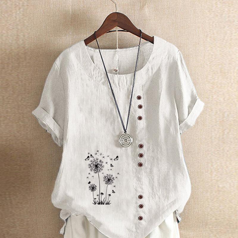 Women's Fashion Loose Cotton Shirt Black Dandelion Prined Short Sleeve T-shirt Casual Loose Summer Plus Size Blouse Tops