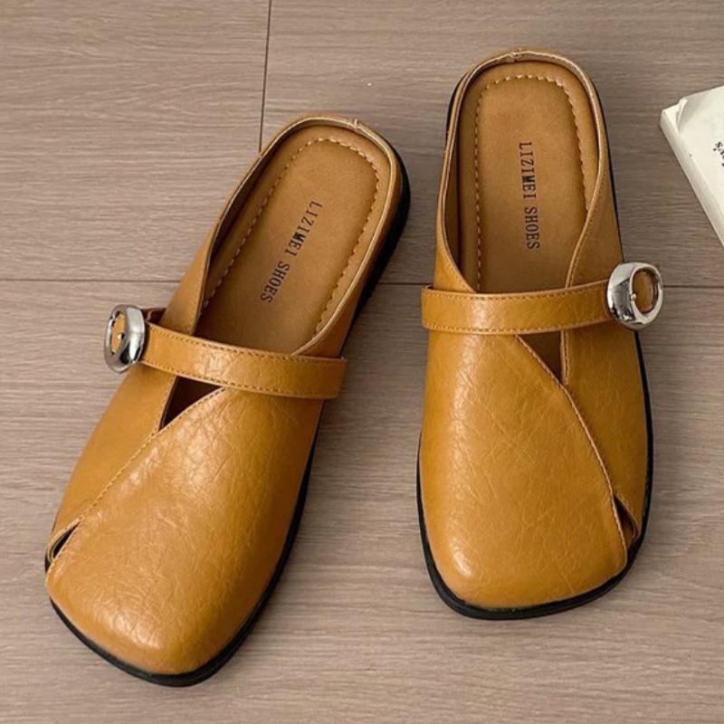 2025 New Style Soft Leather Buckle Strap Casual Shoes Fashion Flats Elegant Glitter Metallic Mules Shoes Cover Toe Women Slipper