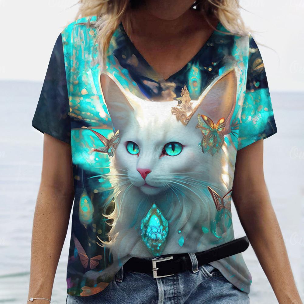 

Летний топ с V-образным вырезом и 3D-принтом, модные повседневные женские футболки с короткими рукавами XS