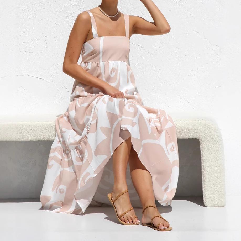 Womens Summer Boho Floral Dress Spaghetti Strap Square Neck Ruffle Casual Flowy A-Line Beach Swing Party Long Sundress Sleeveless Maxi Dress for Women