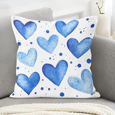 Blue Heart-Patterned Pillowcase, Made Of Polyester, Machine Washable, Suitable For Home Use On Sofas, Beds, And Front Porches.