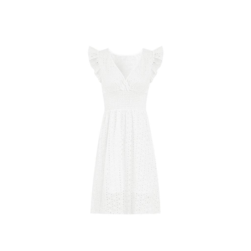 Léto, dámské šaty, šaty s rukávy ve tvaru lotosového listu, šaty s výstřihem do V, prolamovaná výšivka, elegantní pasové šaty