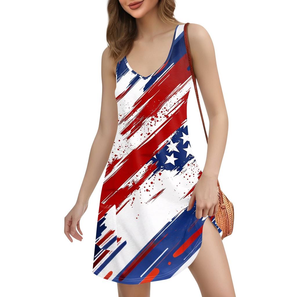 Women's Casual Print Bohemian Beach Dress With Pockets V Neck Tank Dress