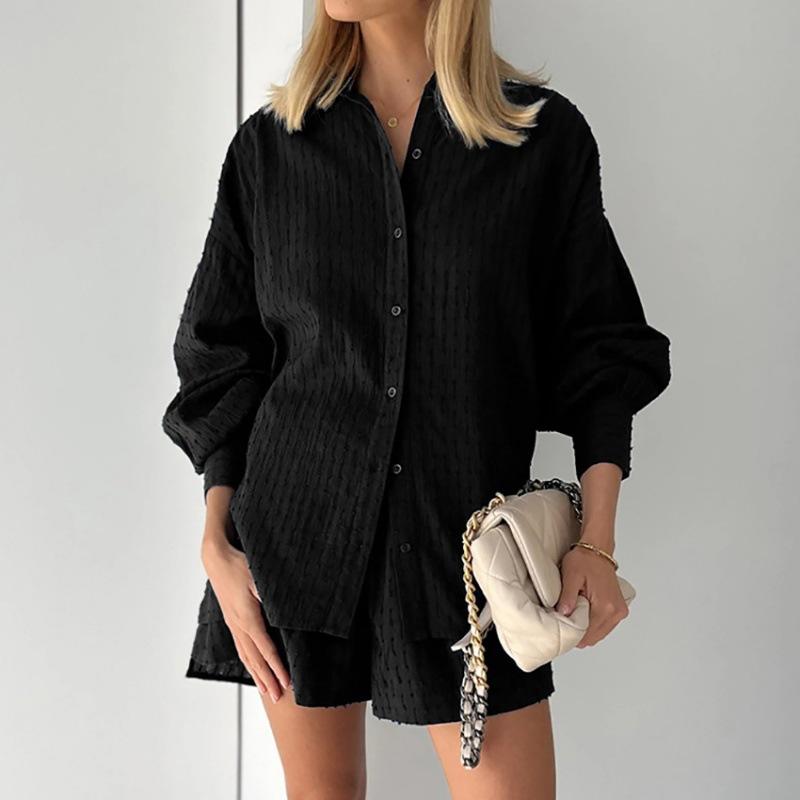 Summer Women's Casual Jacquard Shorts Suit Women Loose Long Sleeve Shirt Two Piece Set Lady Shorts 2 Piece Set