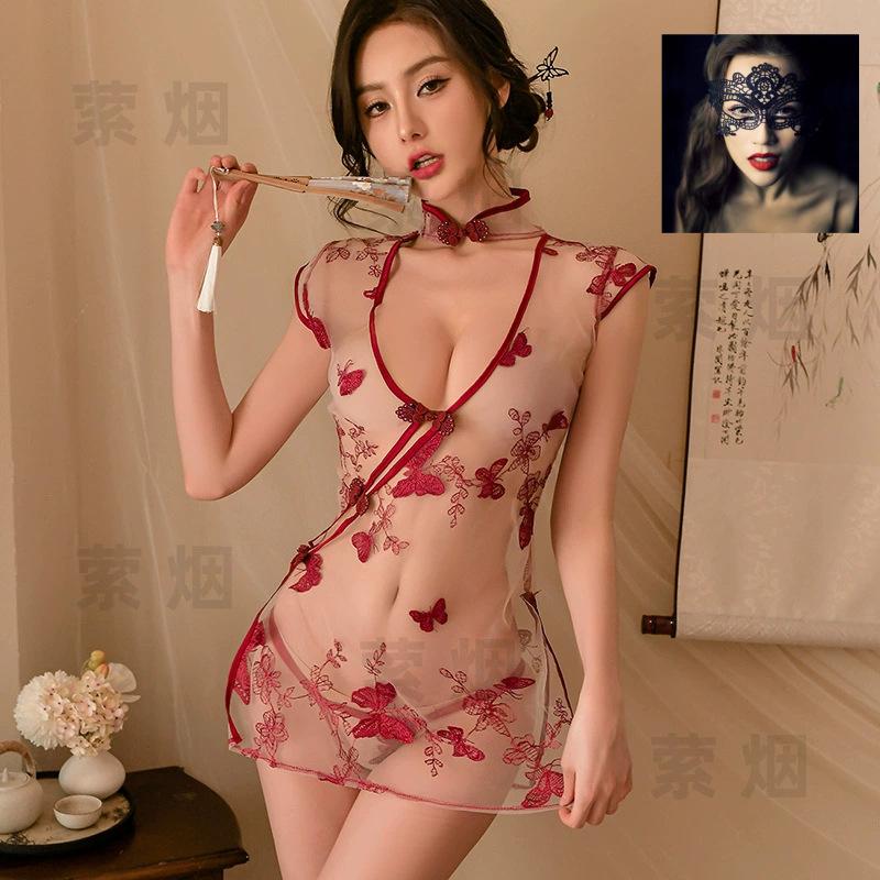 Sex underwear women's sexy perspective nightgown seduction retro hollow butterfly embroidered cheongsam uniform