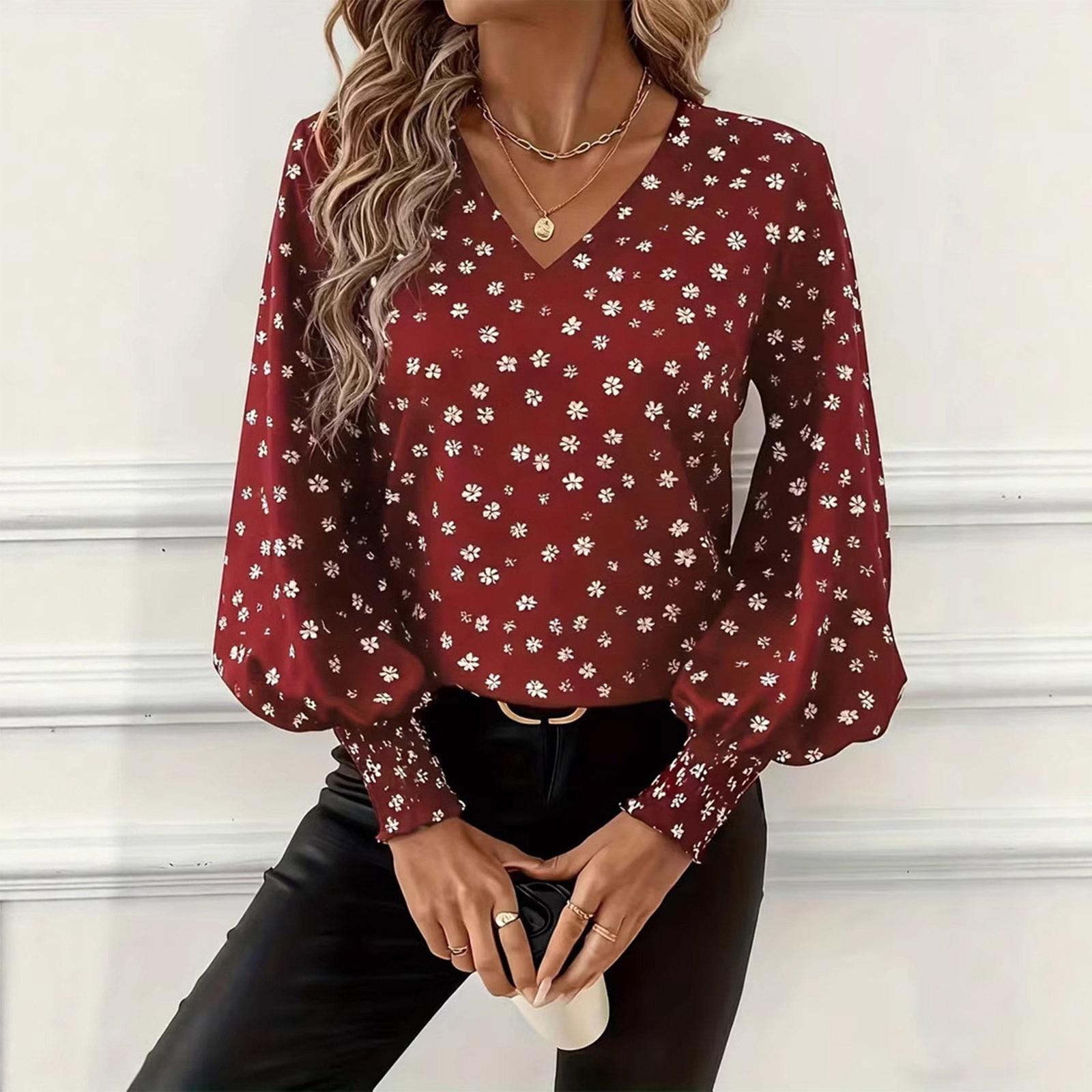 

Women s Fashion Casual Retro Print Long Sleeve Sleeve V,Neck Shirt Top XL червоний