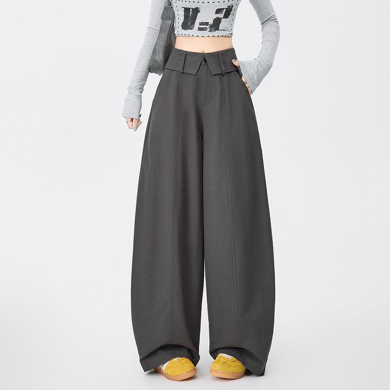 2026 Spring Ruffle Waistband Women s Slim Balloon Wide-Leg Workwear Pants XS