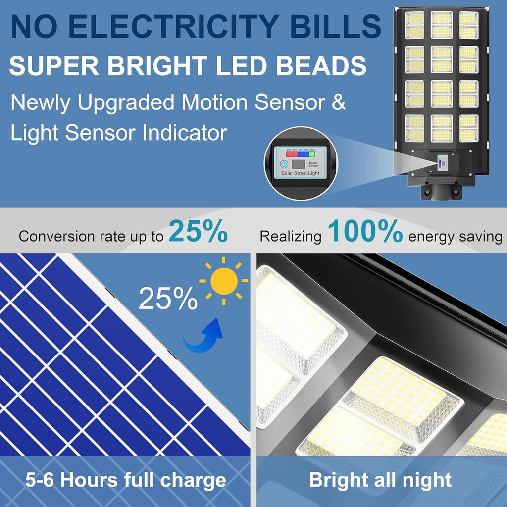 Solar Street Light 8000W 120000 Lumens Outdoor Waterproof LED with Motion Sensor, 7000K Dusk to Dawn, for Parking Lot Yard 1-Pac