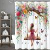 Little Girl Swinging on Trees Floral Butterfly Shower Curtain, Bathroom Decorative Shower Curtain, Waterproof Shower Curtain wit