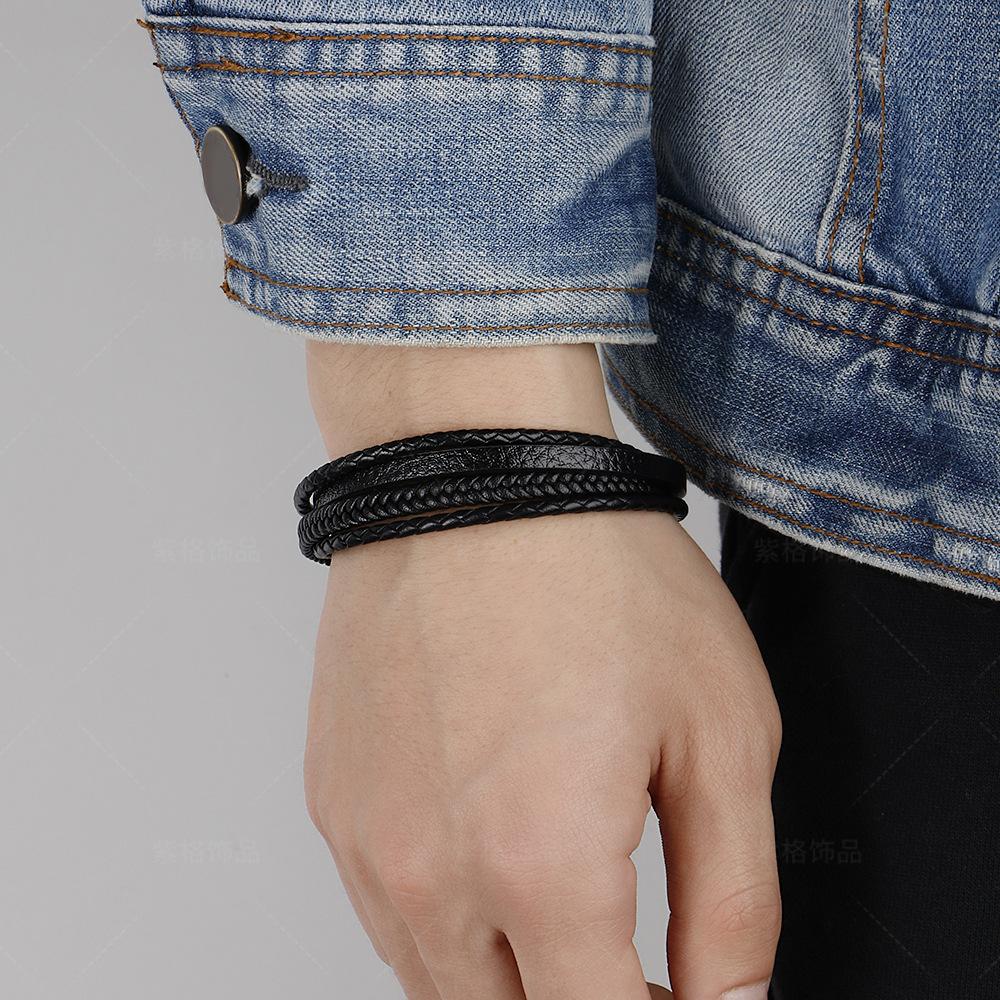 Bracciale in Pelle Intrecciata da Uomo Bracciale Intrecciato Multistrato Vintage in Vera Pelle Resistente Anti-Sbiadimento