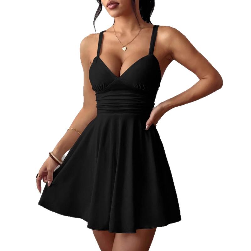 Vestito Donna Estate Sexy Colore Puro Scollo a V Elegante Festa Cintura Condole Vestiti Casual Vestidos Vestito