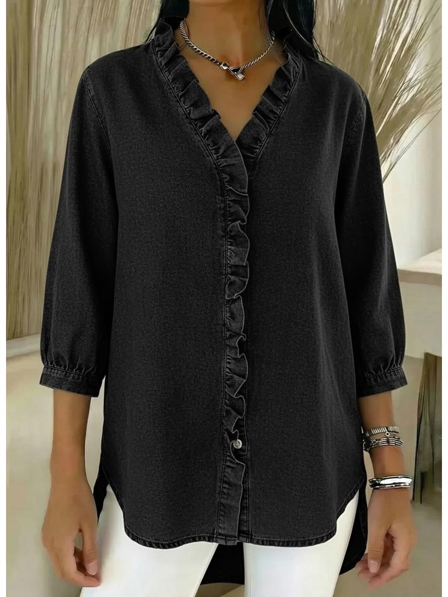 

2026 Spring/Summer Women s Casual Faux Denim V-neck Ruffle Shirt Top M чорний