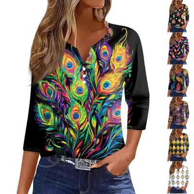 Women's Fashion Casual Carnival Print V-Neck Decorative Button Three-quarter Sleeve T-Shirt Top