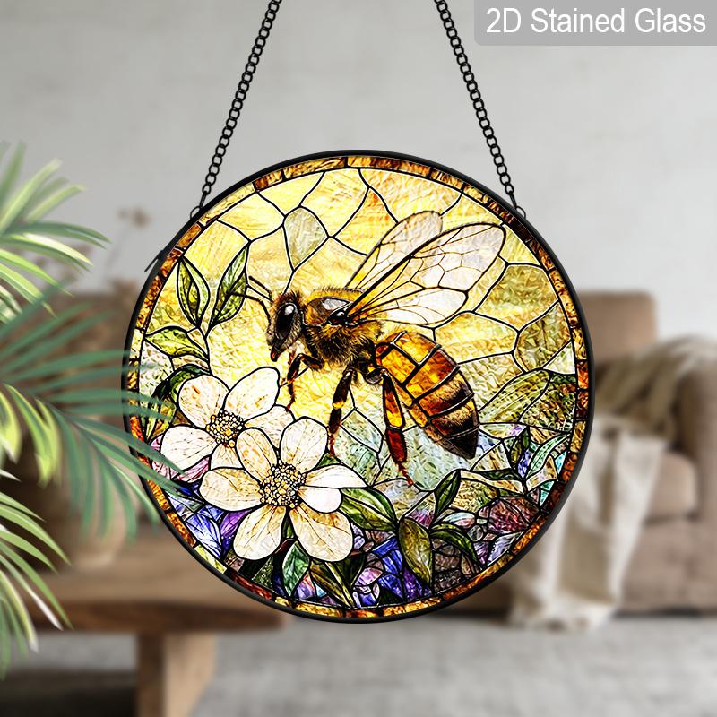 2D Flat Stained Glass Vintage Bee Window Decoration, 7.87inches Bee Flower Design Colored Glass Plate with Chain, Charming Spring Summer Sun Catcher
