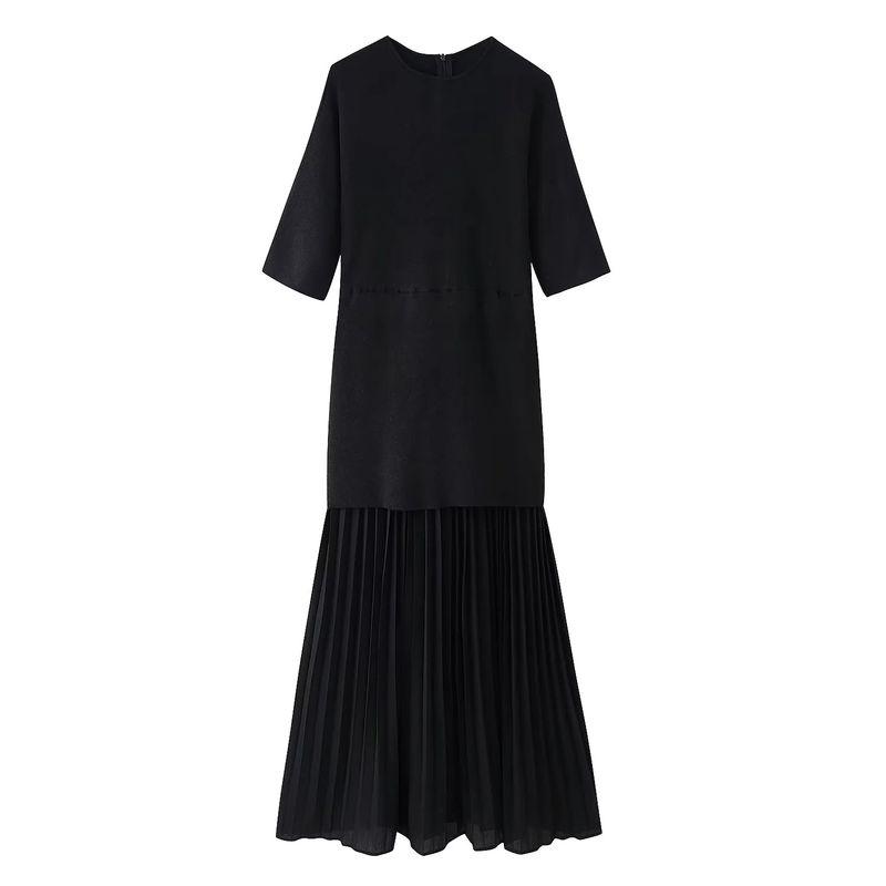 

Spring and Summer New Women s Clothing French Simplicity Short Sleeve round Neck Knitting Small Pleated Patchwork Dress 4192001 Black L