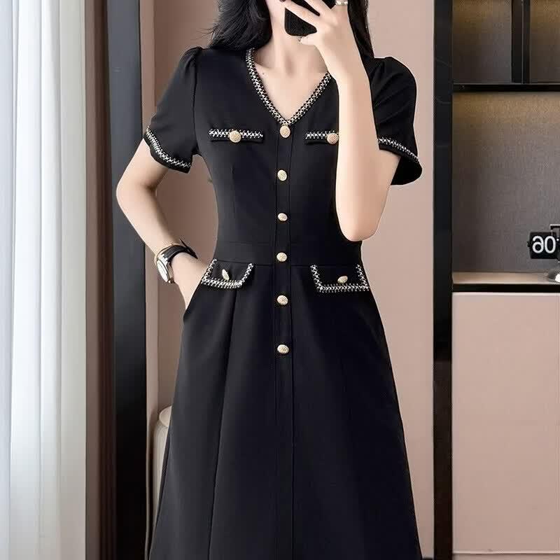 Chic V-Neck Trimmed A-Line Dress