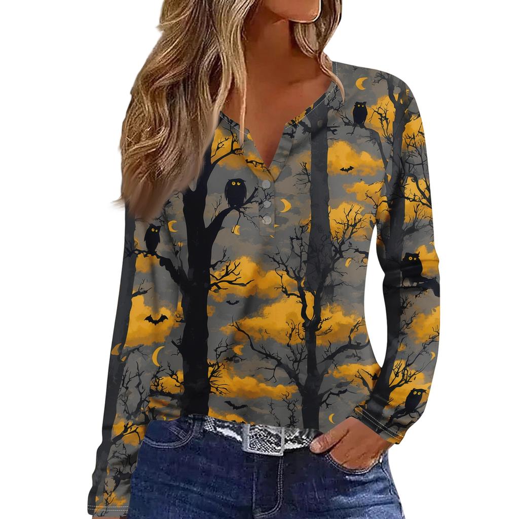 Women's Long Sleeve V-Neck T-Shirt with Button and Halloween Print Casual Top