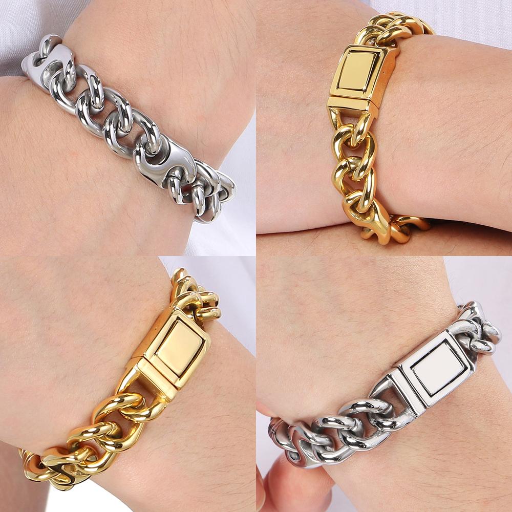 Bracelet Cool pour Homme 15MM de Large Acier Inoxydable Chaîne Cubaine Bracelets pour Homme Luxe Couleur Or Bijoux Cadeaux pour Lui Papa