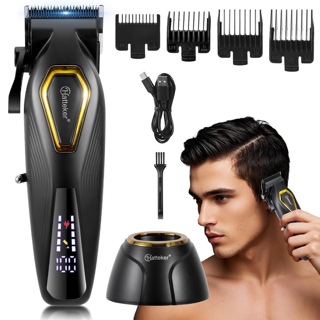 Hatteker Professional Hair Clippers 7500RPM Vector Motor DLC Blades 4 Guide Combs USB Base Charging Barber Hair Trimmer for Men