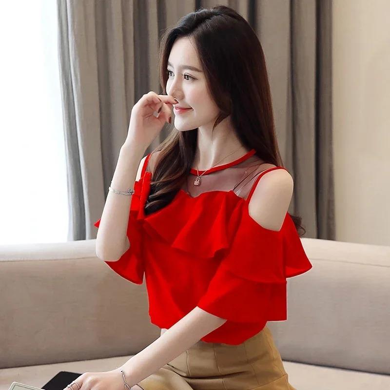 Summer Women's Round Collar Mesh Chiffon Blouse Short Sleeve Ruffles Tops Sexy Off Shoulder Shirt Solid Color Clothes
