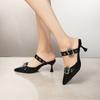 Large size pointed buckle high heels summer new thin heel single shoes square buckle high heel bag head slippers women
