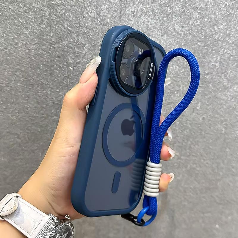 

Fold Glass Lens Stand Wrist Strap Phone Cases For iPhone 16 15 14 12 13 11 Pro Max For Magsafe Magnetic Wireless Charge Cover iPhone 16 Pro