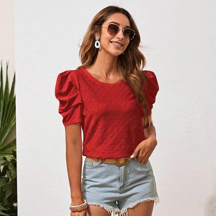 Dame Utkuttet Jacquard Bobleermet T-skjorte Ensfarvet Rund Hals Topp Bluse Vår Sommer Mote