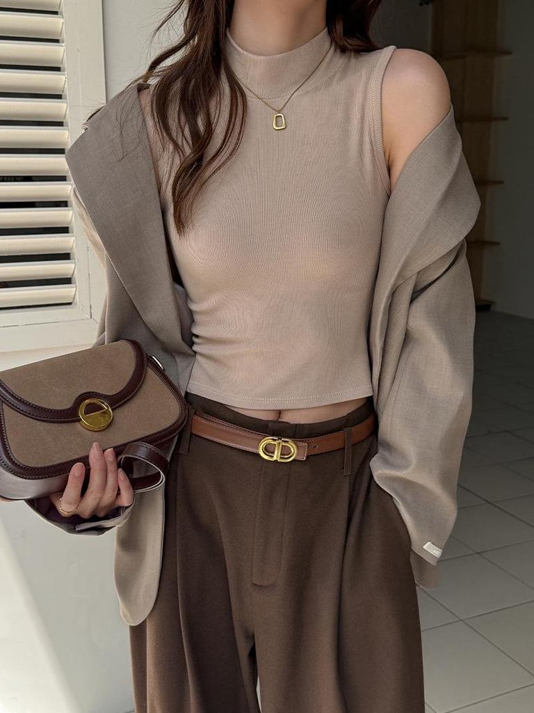 Damen formendes Tencel Tanktop mit halbem Stehkragen - Gebürstete gerade Schulter Basis-Top für Herbst/Winter