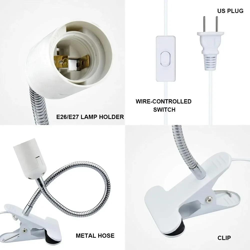 E27 Holder Lamp Bases EU US Plug 360 °Flexible Desk Lamp Socket Clips Gooseneck Clip-on Cable Plant Power On Switch for Home