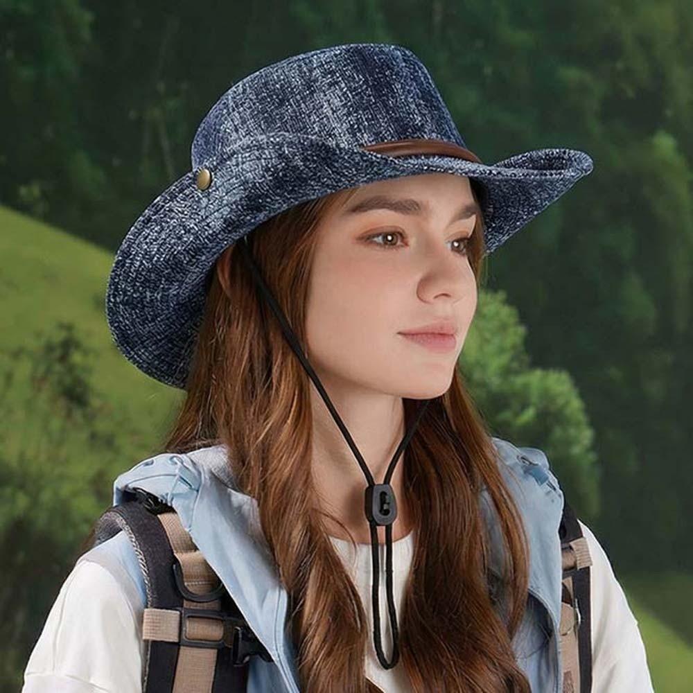 Breathable Sunshade Cowboy Hat Drawstring Sunscreen Basin Cap Sun Cap Denim Fisherman Hat  Hiking