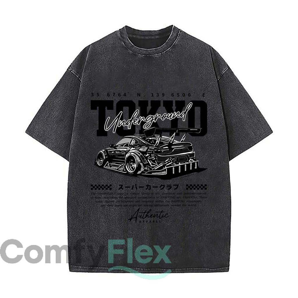 Tokyo Underground Drift Supercar Club 35 6764 N 139 6500 E Distressed Vintage Oversized Streetwear Tops for Coffee Dates