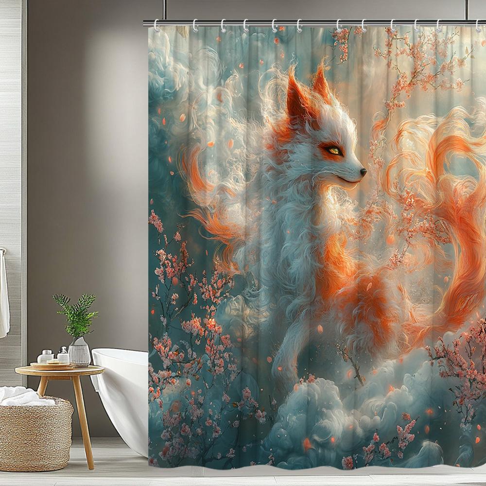 1pc Landscape Shower Curtain Fox Theme Animal Creative Pattern Vibrant Art Design Watercolor Style Bathroom Decor Polyester Fabr 90x180cm