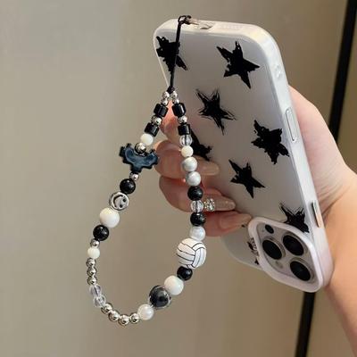 Elegant Beaded Phone Lanyard for Women, Pearl Volleyball Chain, Anti-Lost Phone Pendant Accessory
