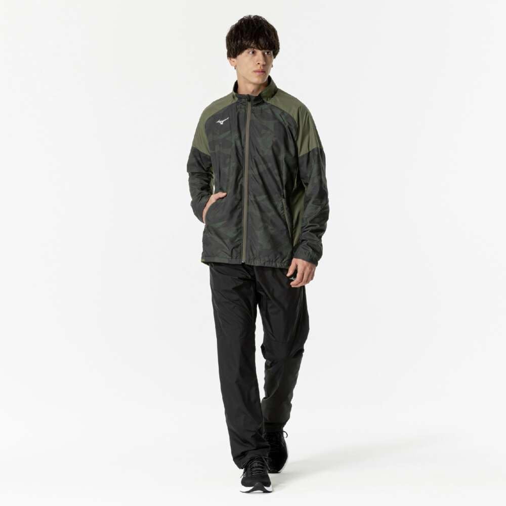 Mizuno Breath Thermo Warmer Training Dark Khaki Jacket, Moisture-Wicking, Heat-Generating, Water-Repellent, Windproof, Brushed, 32MEB541, Men's,