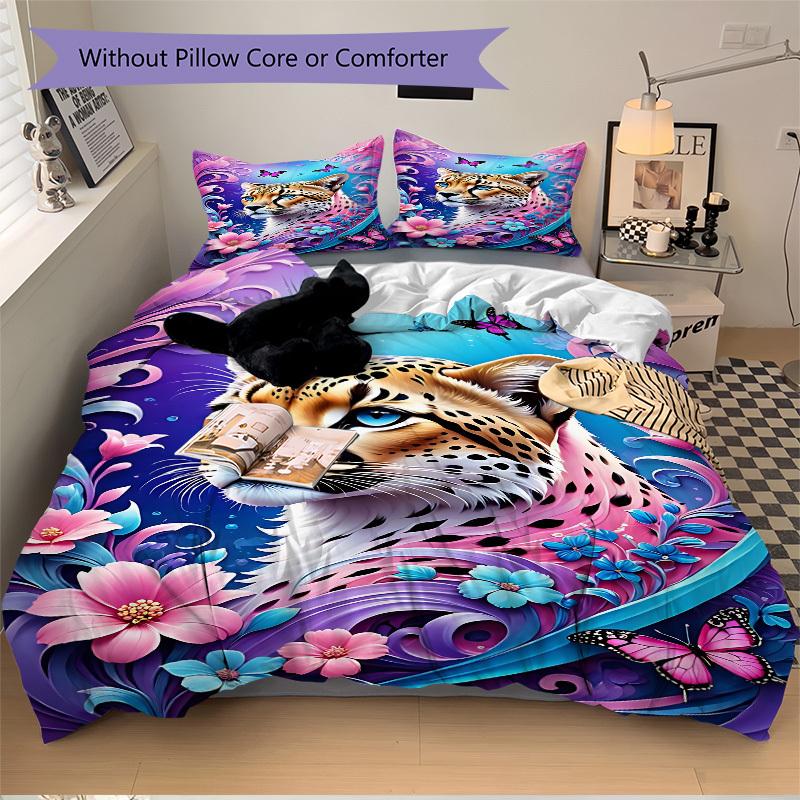 3pcs Cheetah Art Print Bedding Set - 1 Duvet Cover + 2 Pillowcases(Core Not Included), Machine Washable Polyester Yy251216184