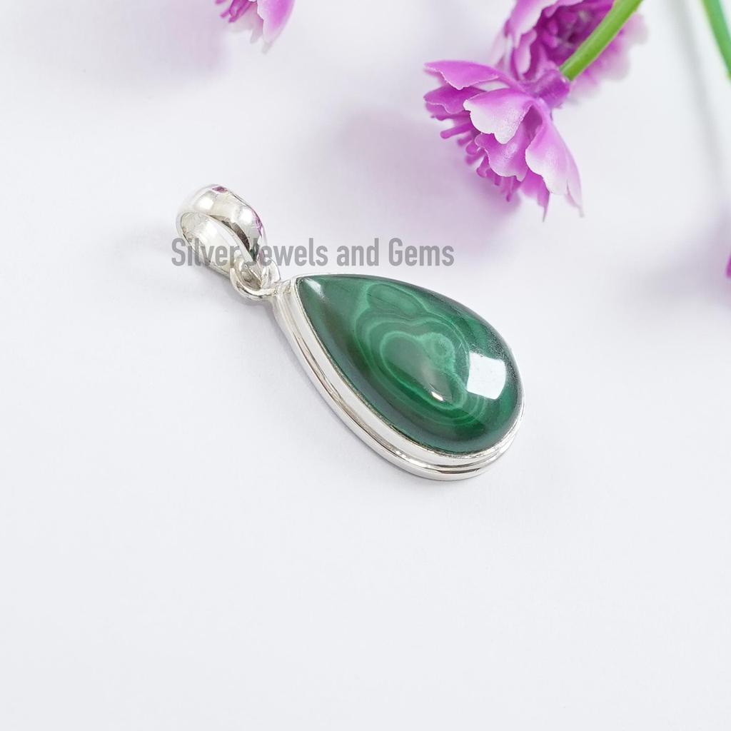 Malachite Pendant, 925 Sterling Silver Pendant, Birthday Gift for Mom, Green Teardrop Handmade Pendant, Healing Pendant