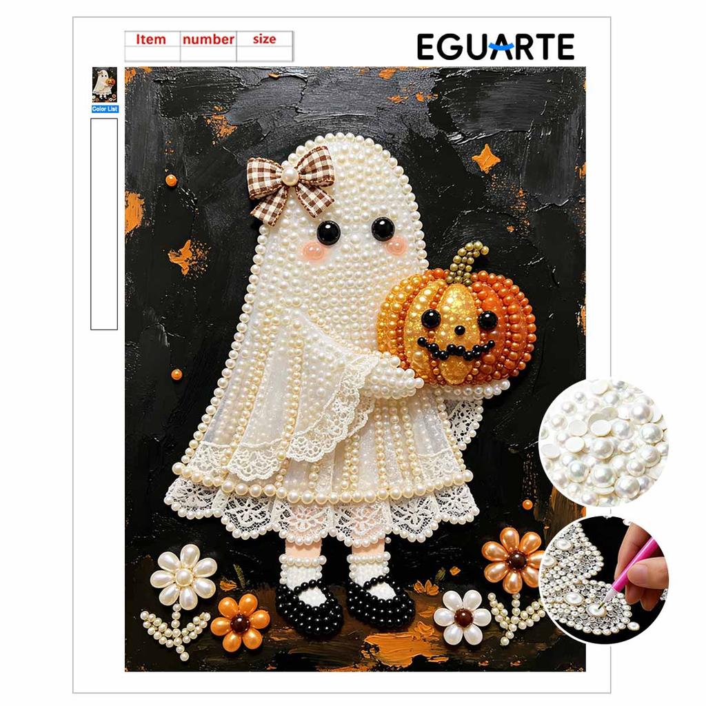 Frameless Pearl Bead Painting Kit Cute Ghost with Pumpkin Design DIY Handmade Craft Canvas for Home Wall Decor Autumn Festival Art