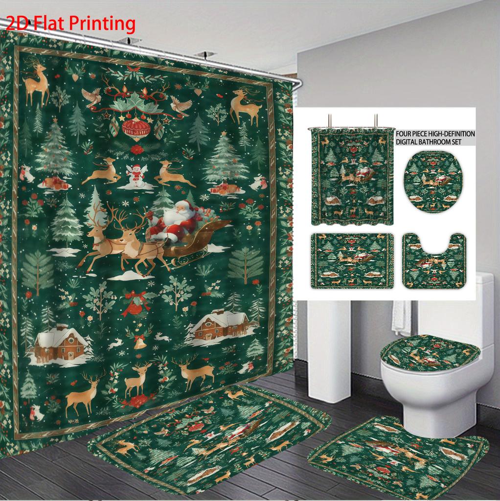 4pcs Christmas Green Forest Santa Claus Printed Bathroom Set 1pc Waterproof Shower Curtain Floor Mat Toilet Lid and U-shaped Pad