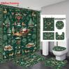 4pcs Christmas Green Forest Santa Claus Printed Bathroom Set 1pc Waterproof Shower Curtain Floor Mat Toilet Lid and U-shaped Pad