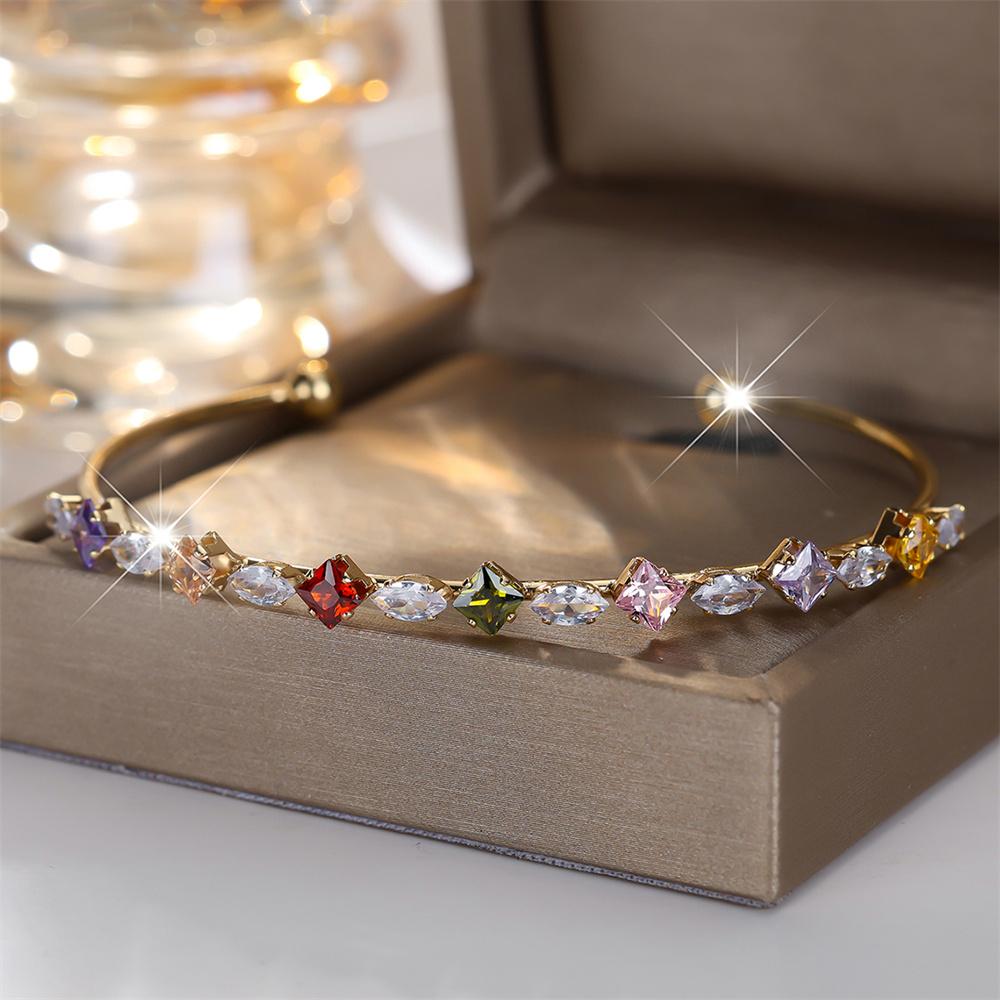 Multicolor Crystal Rainbow Zircon Open Adjustable Bangles Bracelets For Women Vintage Gold Silver Color Geometric Stone Bracelet